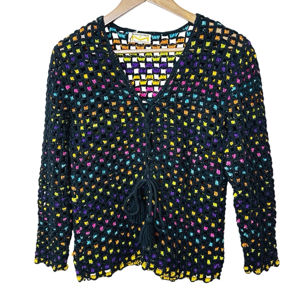 Vintage Marsina California Black Colorful Crochet Cardigan Boho Festival Small